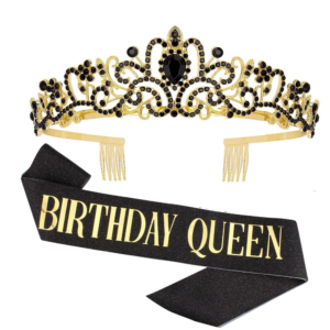 Gold foiled font birthday girl and birthday queen black glitter sash and tiara kit