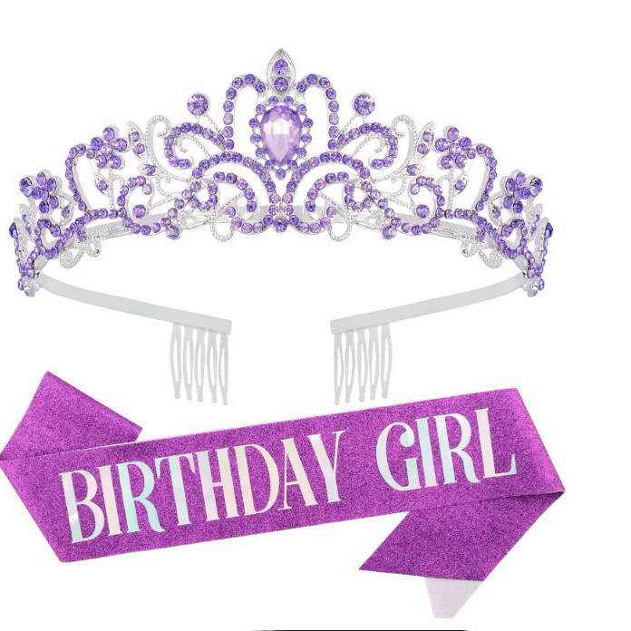 Wholesale gold/silver foiled font birthday girl and birthday queen Purple glitter sash and tiara crown kit for girl's women's happy birthday party - Image 2