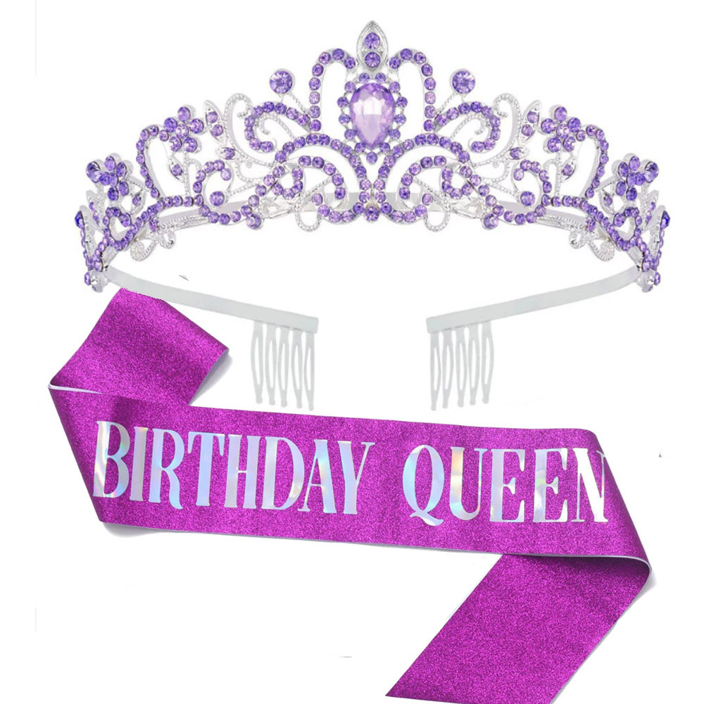 Wholesale gold/silver foiled font birthday girl and birthday queen Purple glitter sash and tiara crown kit for girl's women's happy birthday party - Image 4