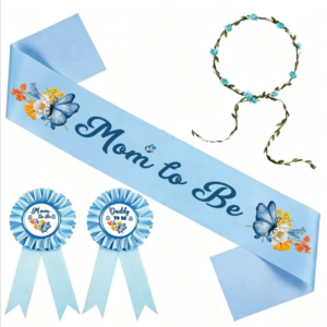 Mom to be dad to be PIN tinplate badge and mom/mommy to be sash flower crown wreath set for gender reveal baby shower party favors