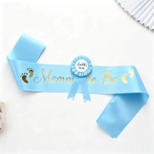 Gold foiled Mommy to be blue satin sash and daddy to be tinplate pin badge Blue for baby shower decoration gift