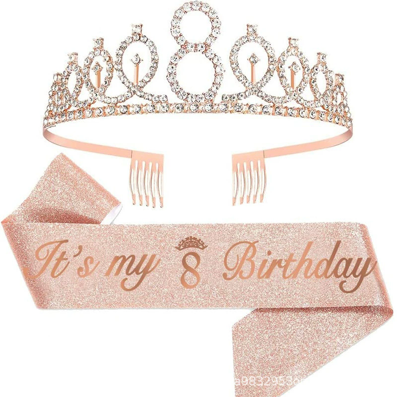 Wholesale Rose gold it's my 3/4/5/6/7/8/9th birthday sash glitter and tiara set for birthday girl/boy party decorations - Image 5