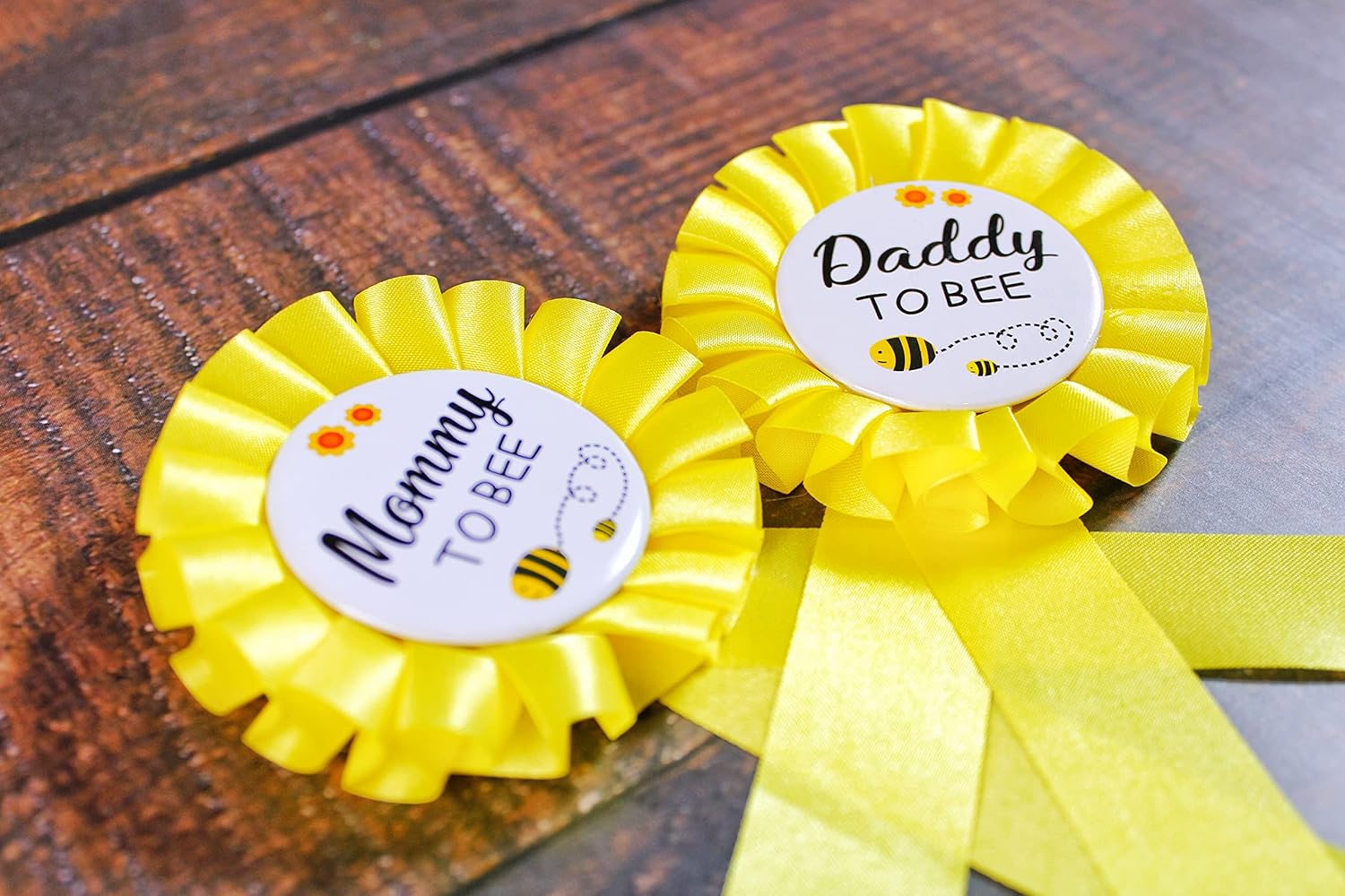 Yellow Bee Baby Shower Mom to be/Daddy to be Tinplate Badge Pin Gender Reveal Party Set Mommy to be & New Dad Gift Yellow Rosette Button - Image 3