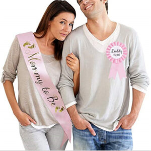 Gold foiled Mommy to be Pink satin sash and daddy to be tinplate pin badge Pink for baby shower decoration gift