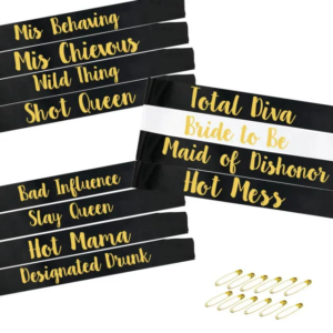 Classic Party sash black gold 12pcs bride to be black satin sash with gold print letters for hen party decor