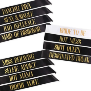 Wholesale Black gold Bachelorette Party favors 12pcs bride to be black satin sash with gold print letters
