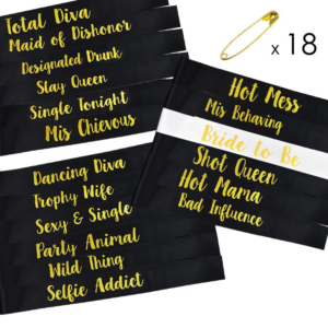 Classic Party sash black gold 18pcs bride to be black satin sash with gold print letters for hen party decor