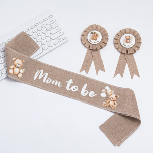 New mom and dad baby shower decorations Light brown linen mom to be dad to be badge Mom to be sash set